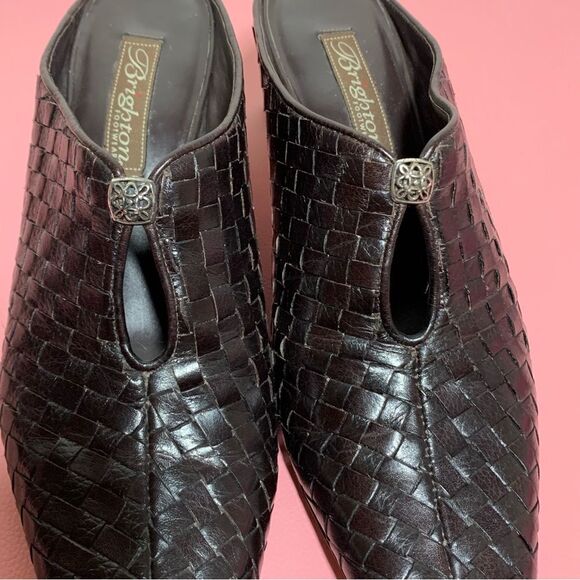 Vintage Brighton Tynan Woman’s Size 8 Brown Woven Leather Snip Toe Heeled Mule - Picture 6 of 9